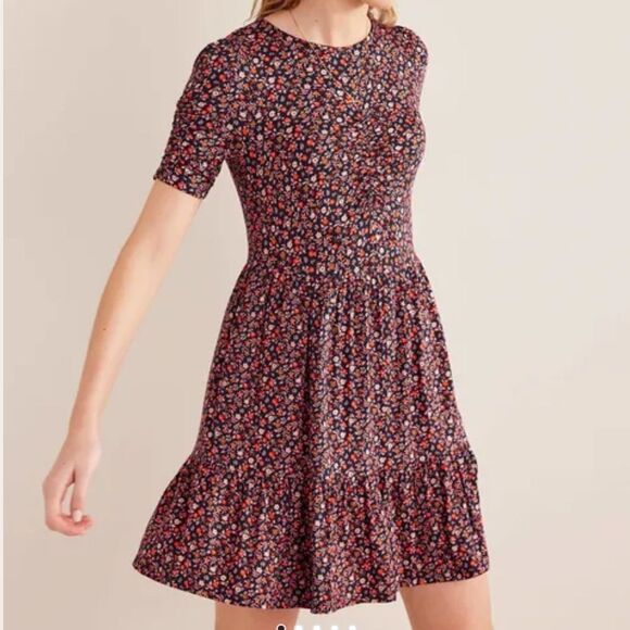 Boden Ruched Bust Jersey Mini Dress Pink Sherbet, Petal Foliage SZ 12 NWT IN PKG - Picture 1 of 7